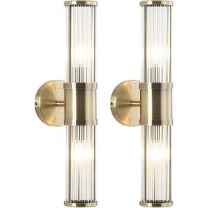 2 PK Modern Brushed Brass Vanity Light Fixture - Dual Glass Rods Wall Sconce